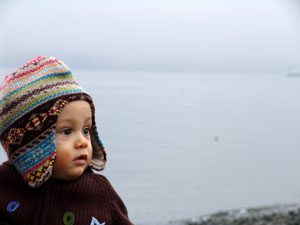 Kayden at the beach with cool hat