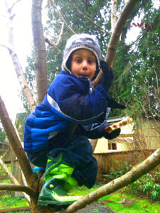 Kayden tree climber  pretending to be a grinch.